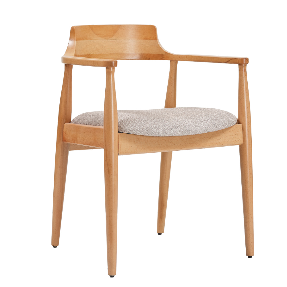 Wooden mid century armchair with curved backrest slender tapered legs and a light beige upholstered seat cushion