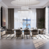Marsilya Dining Room Custom Production 1 Armonna Elegant dining room overlooking a waterfront via large windows a long white table with eight beige chairs and a modern chandelier