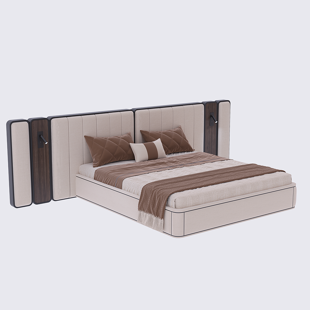Luxurious upholstered platform bed with tall padded headboard and side panels in beige and brown tones, with brown bedding and throw blanket