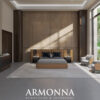 Mathilda Bedroom Custom Production 4 Armonna Luxurious modern bedroom with a tan tufted bed dark wood panels nightstands and a seating area by large windows