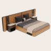 Luxurious bed with tufted tan headboard matching nightstands and beige gray bedding in warm brown tones