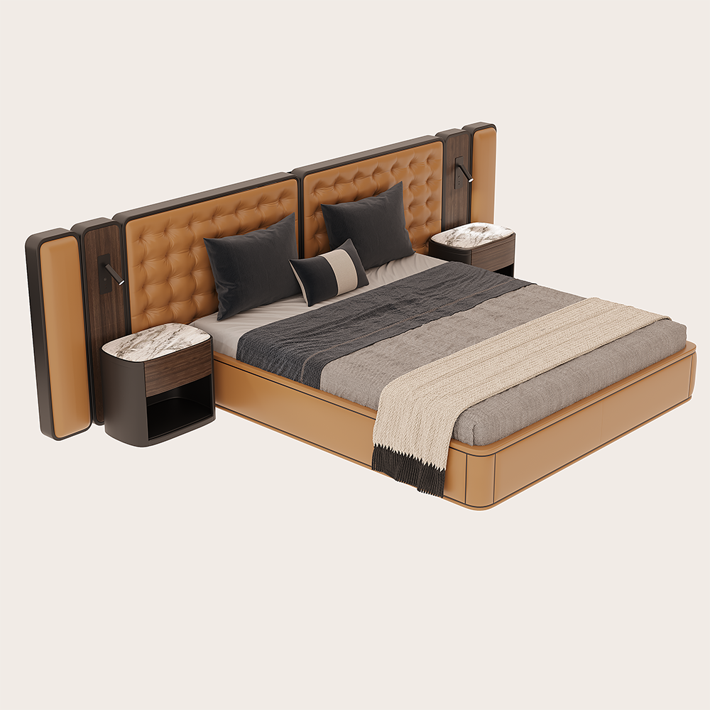 Luxurious bed with tufted tan headboard, matching nightstands, and beige-gray bedding in warm brown tones.