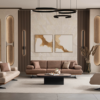 Elegant modern living room with tan sofa matching chairs a centered coffee table and neutral decor