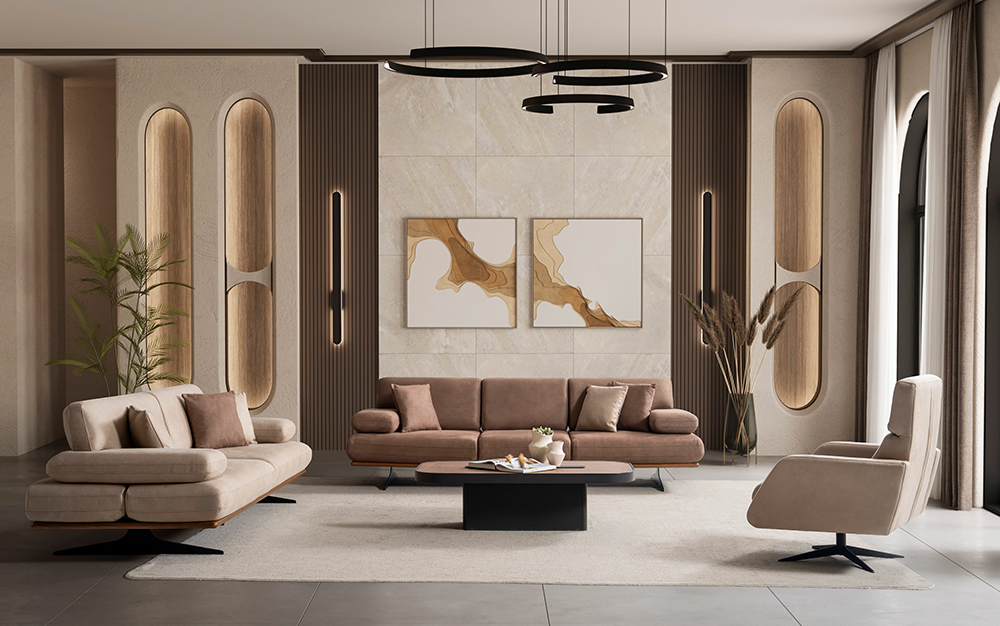 Elegant modern living room with tan sofa, matching chairs, a centered coffee table, and neutral decor.
