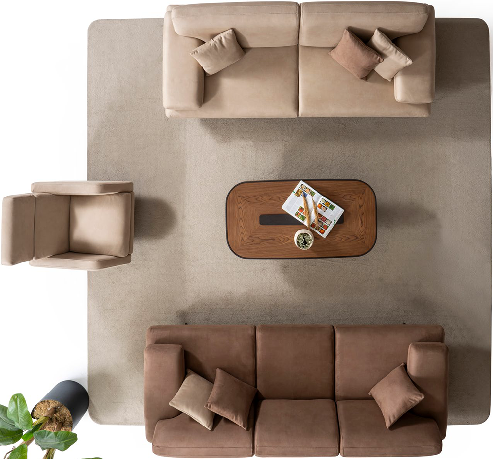 Overhead view of a living room with a beige sofa at the top, a brown sofa at the bottom, and a wooden oval coffee table on a light beige rug.