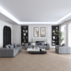 Modern living room with gray sofas a black framed fireplace wall and built in bookshelves flanking a center art display