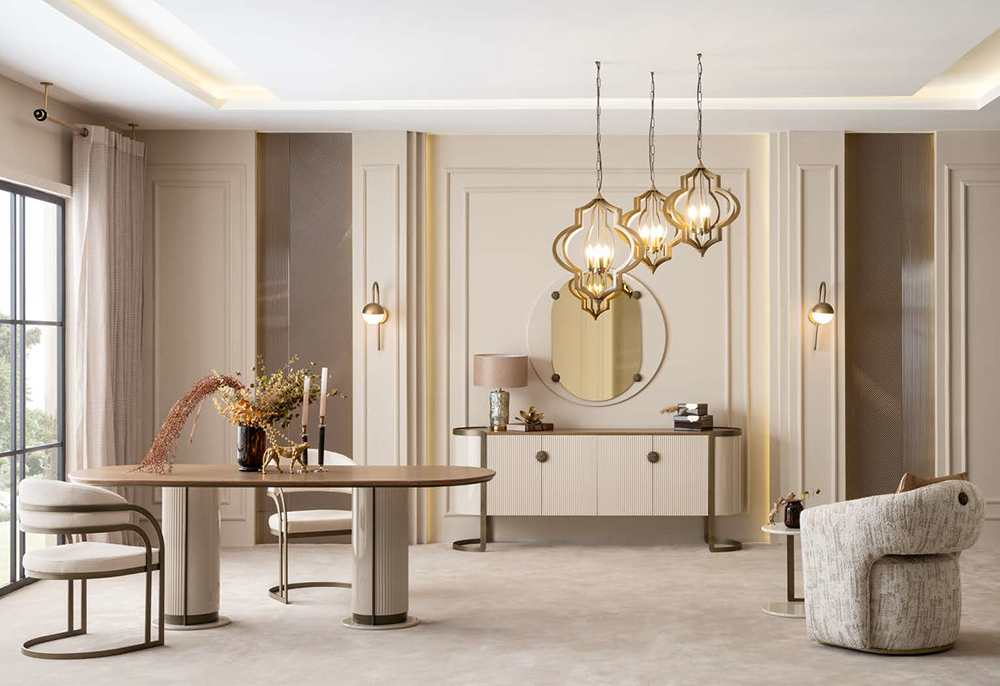 Luxurious beige living and dining room with a round table, cream chairs, and sculptural pendant lights above a round mirror.