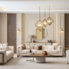 Elegant neutral living room with cream sofas round mirror and gold pendant lights over a coffee table Large windows on the left bring natural light