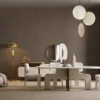 Neutral minimalist dining area white oval table with sculptural chairs circular wall mirror and warm pendant lights in beige brown room