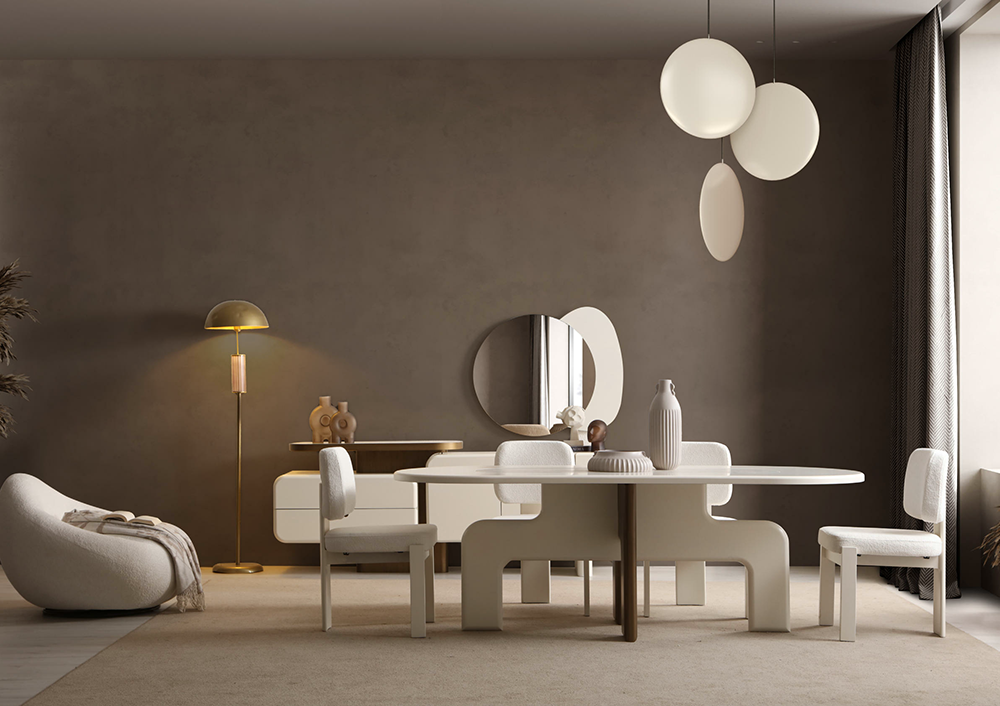 Neutral, minimalist dining area: white oval table with sculptural chairs, circular wall mirror, and warm pendant lights in beige-brown room.