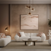 Neutral living room with curved cream sofas beige cushions and a round coffee table under soft ambient lighting