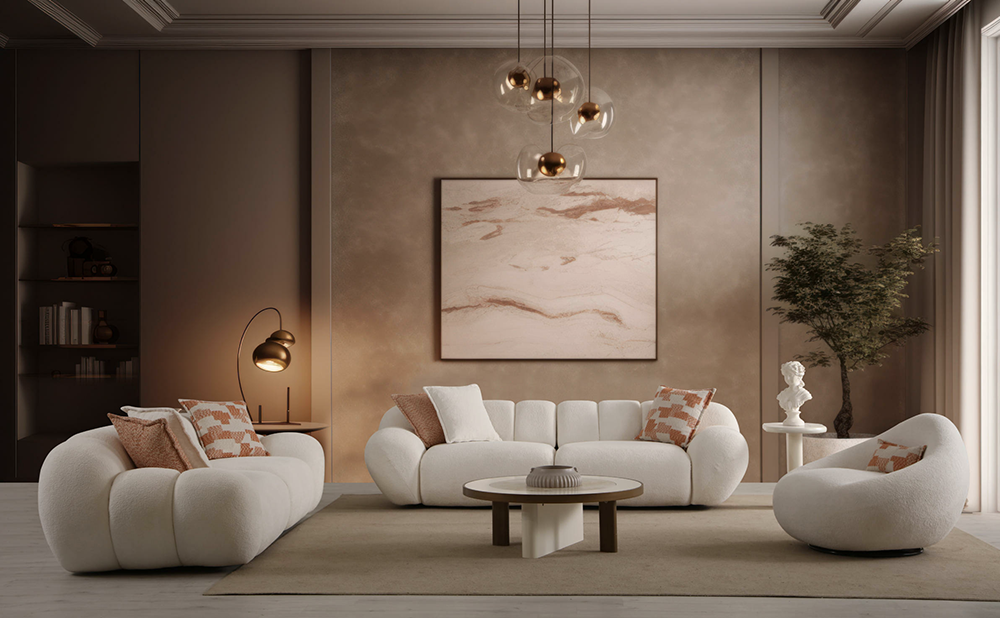 Neutral living room with curved cream sofas, beige cushions, and a round coffee table under soft ambient lighting.