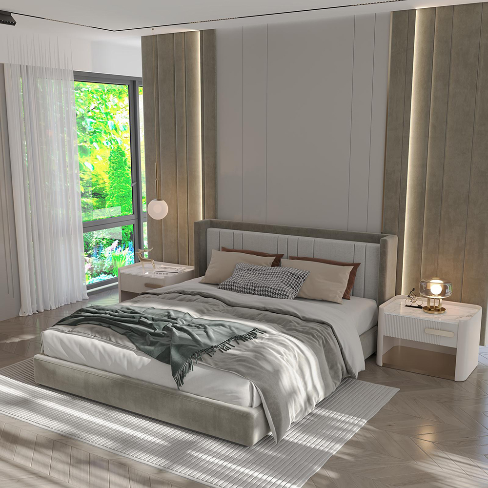 Modern master bedroom with an upholstered headboard bed, white nightstands, and a large window with sheer curtains letting in greenery outside.