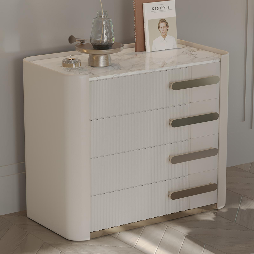 Monge Bedroom Custom Production 2 Armonna Modern white dresser with a marble top and rounded edges featuring four drawers with horizontal gold handles and a gold base