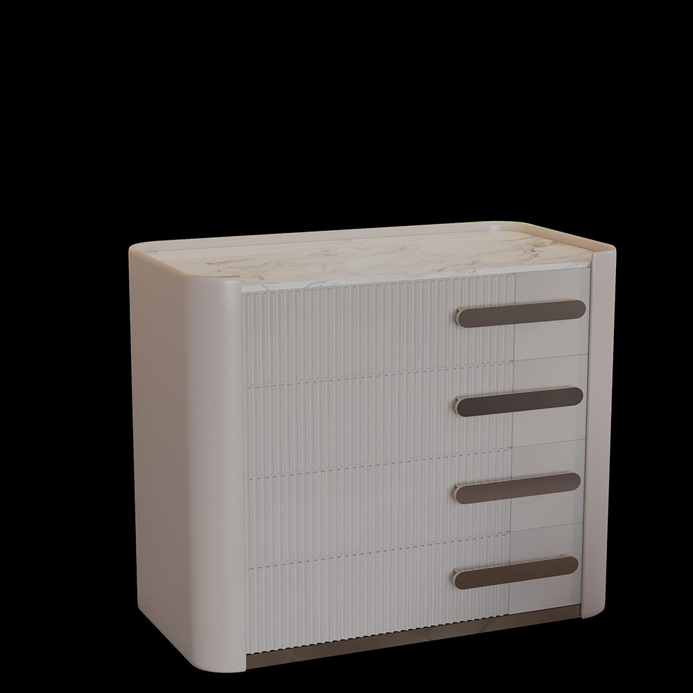 Monge Bedroom Custom Production 3 Armonna White modern dresser with a marble top and four horizontal metal handles on ribbed fronts