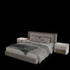 Gray upholstered bed with a tall padded headboard layered gray bedding and two white marble topped nightstands on either side against a black background