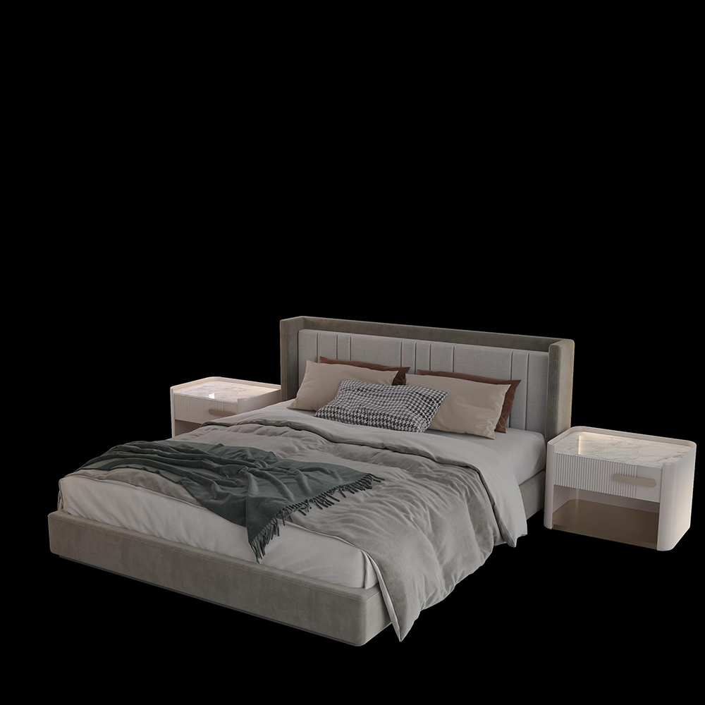 Gray upholstered bed with a tall padded headboard, layered gray bedding, and two white marble-topped nightstands on either side against a black background