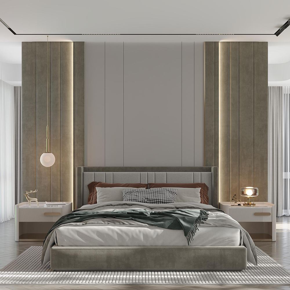 Monge Bedroom Custom Production 5 Armonna Contemporary bedroom with a padded headboard tall vertical wall panels and nightstands on both sides