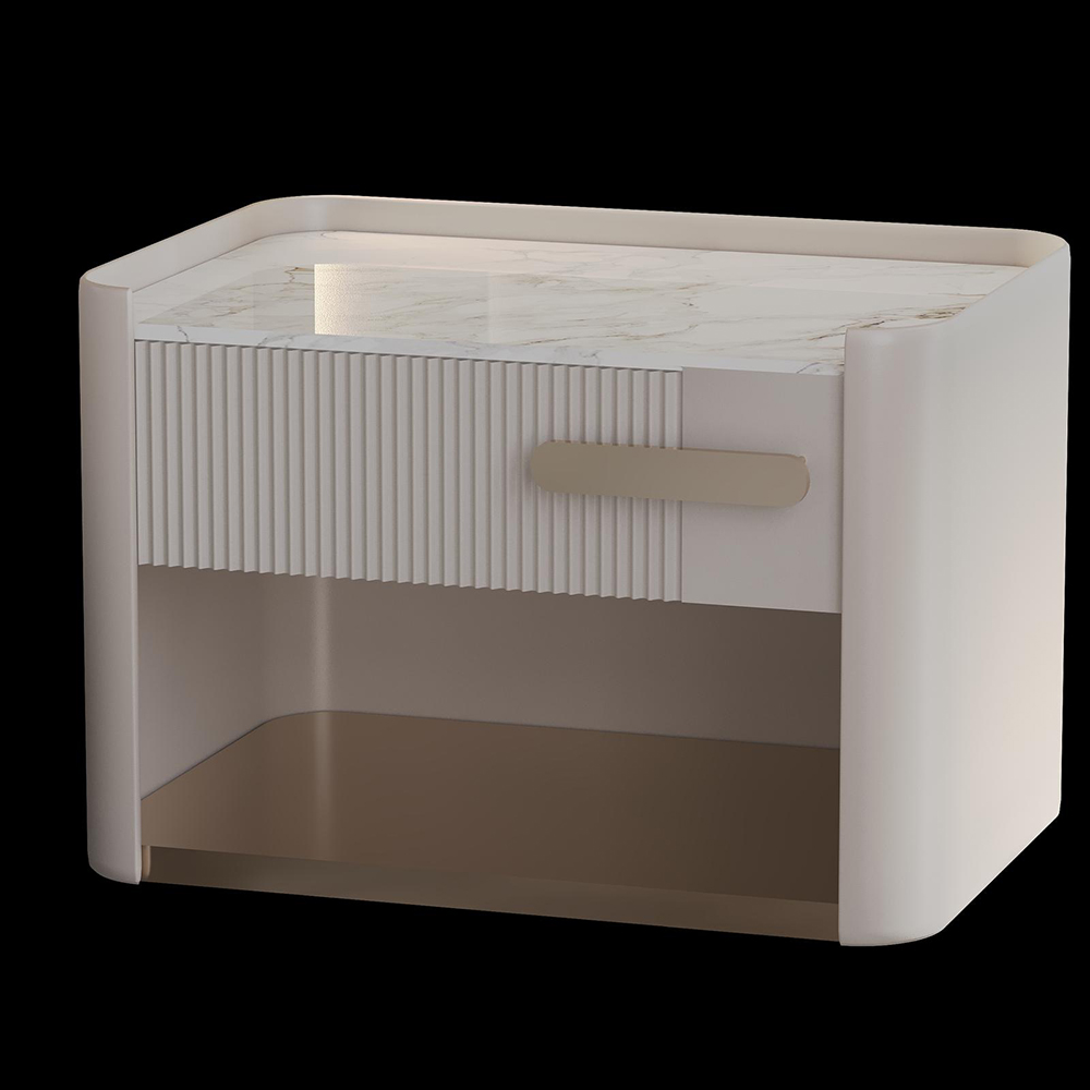 Monge Bedroom Custom Production 6 Armonna White modern nightstand with a marble top single grooved drawer and a beige pull handle open lower shelf against a black background