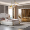 Luxurious bedroom featuring a large upholstered bed with a tall geometric headboard matching nightstand and a mirrored gold accent wardrobe