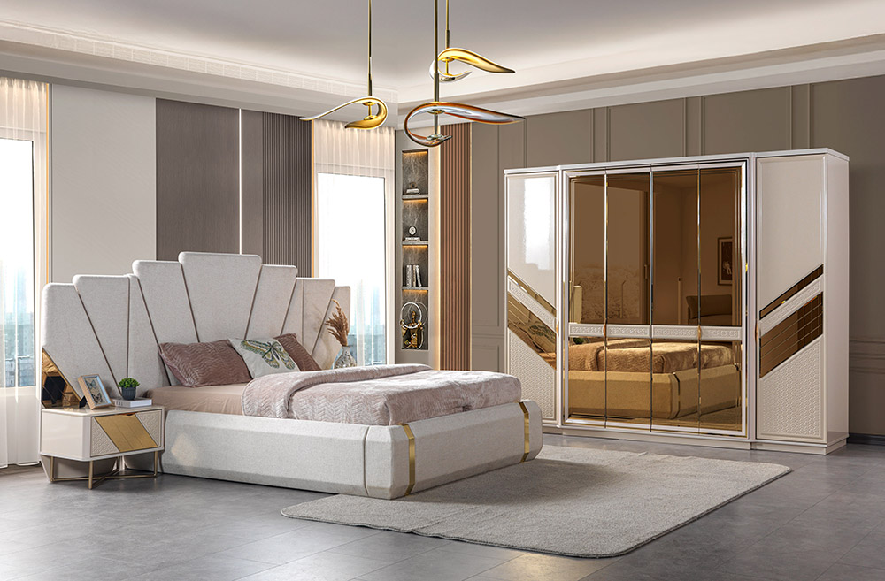 Luxurious bedroom featuring a large upholstered bed with a tall, geometric headboard, matching nightstand, and a mirrored gold-accent wardrobe.
