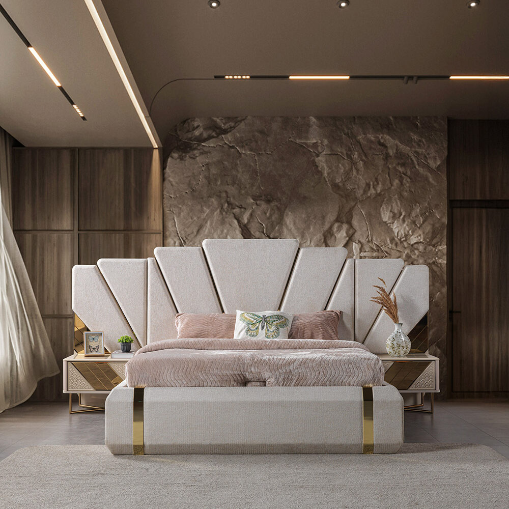 Luxurious beige upholstered bed with geometric fan-shaped headboard in a modern bedroom, with matching nightstands, pink bedding, and decorative vase.
