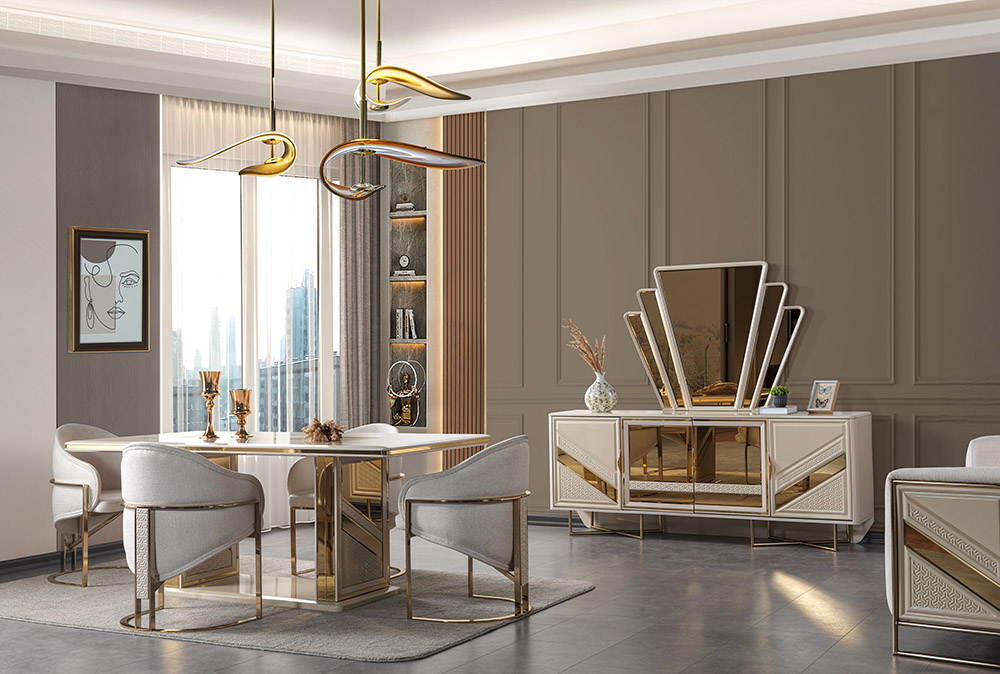 Luxurious dining room with a gold-accented round table, gray upholstered chairs, and a mirrored sideboard against paneled walls in soft lighting.