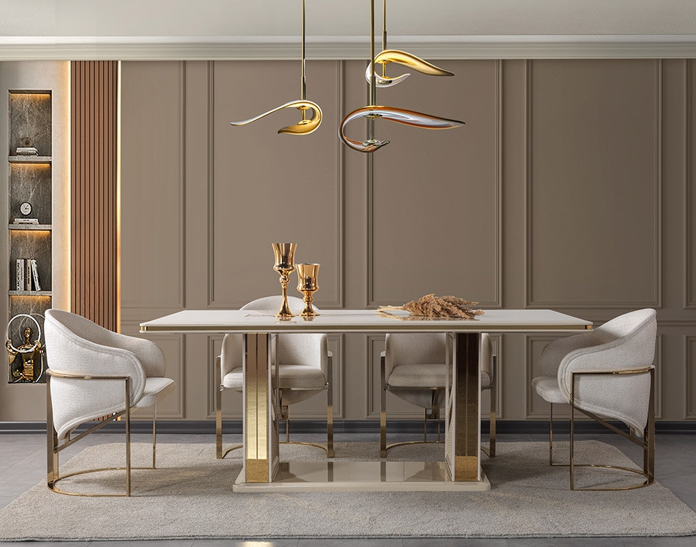 Luxurious dining room with a marble-top table, gold accents, and cream upholstered chairs in a beige paneled room