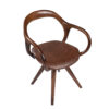 Brown wooden armchair with curved looped arms and a brown cushioned seat mid century style chair on four legs