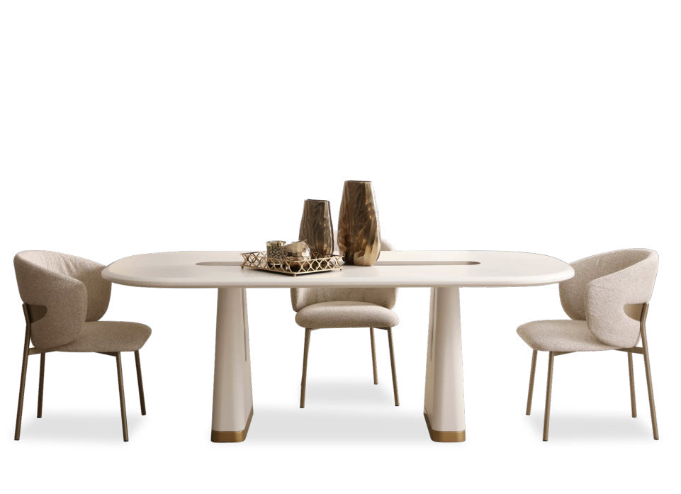 White oval dining table with four beige upholstered chairs, a decorative centerpiece on the table, set against a black background.