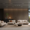 Modern living room with three beige sectionals arranged around a circular coffee table and neutral rug large glass walls reveal outdoor trees and patio area in the background