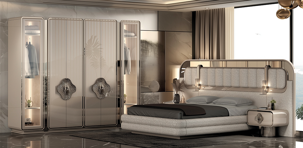 Luxurious modern bedroom with a large upholstered bed and mirrored wardrobe cabinets. Ends of the bed have built-in lamps and round nightstands, with a window view outside.