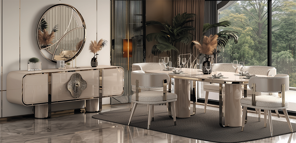 Luxurious modern dining room with a round ivory table, matching chairs, and a sideboard beneath a circular mirror.