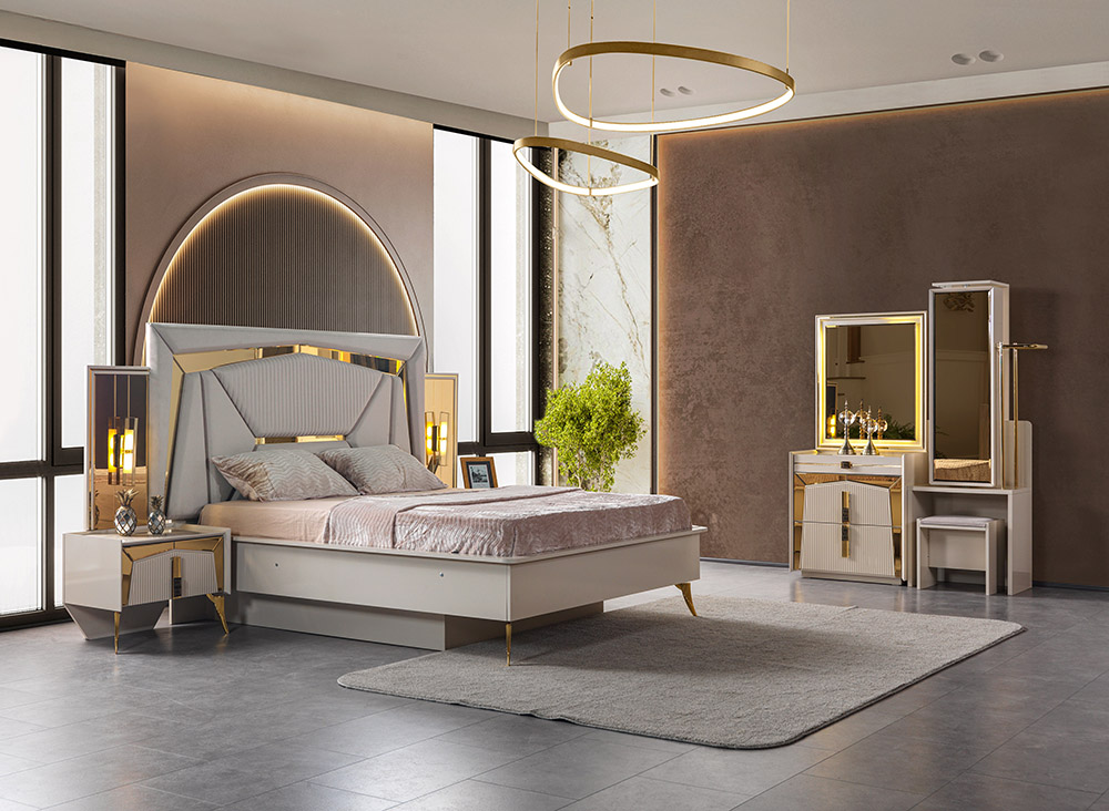 Luxurious modern bedroom with an opulent upholstered bed, gold-accent furniture, and circular pendant lights.