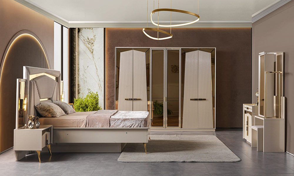 Nisan Bedroom 13 Armonna Luxurious modern bedroom with a low platform bed tufted headboard matching nightstands a light gray rug and tall mirrored wardrobes in a showroom setting