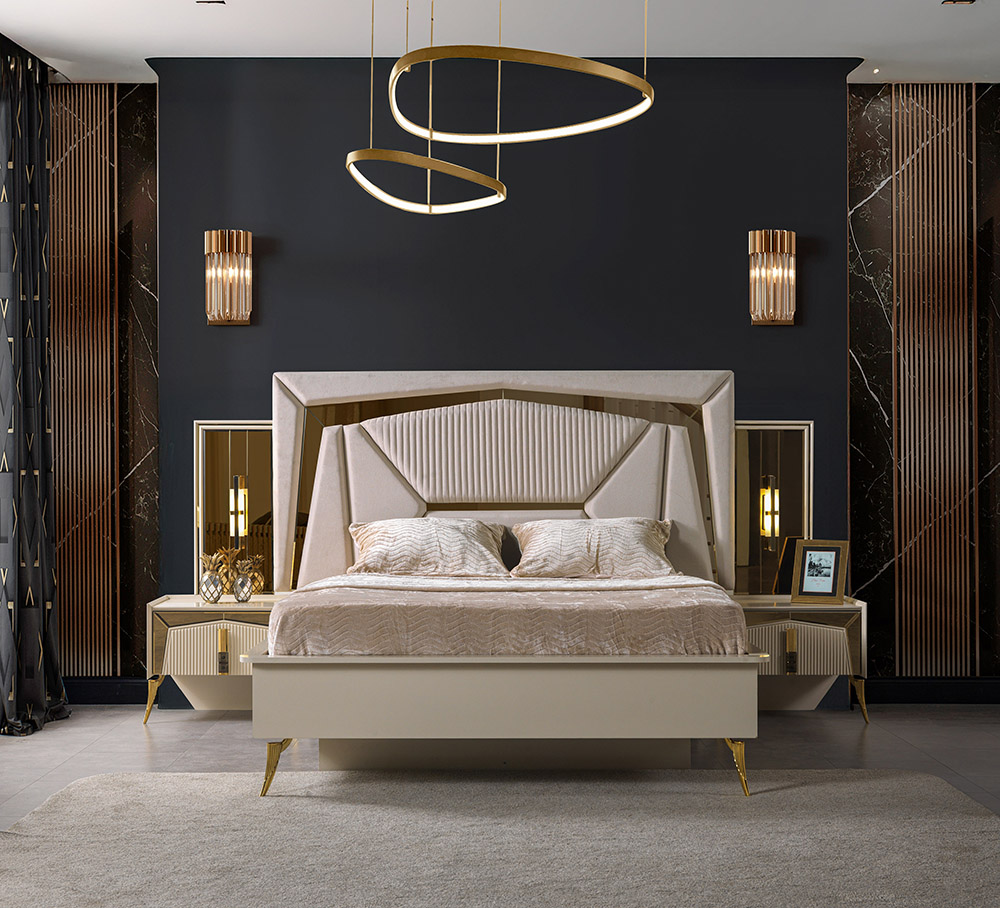 Nisan Bedroom 5 Armonna Luxurious modern bedroom with an upholstered geometric headboard beige bed and gold accents on nightstands and legs against a dark wall