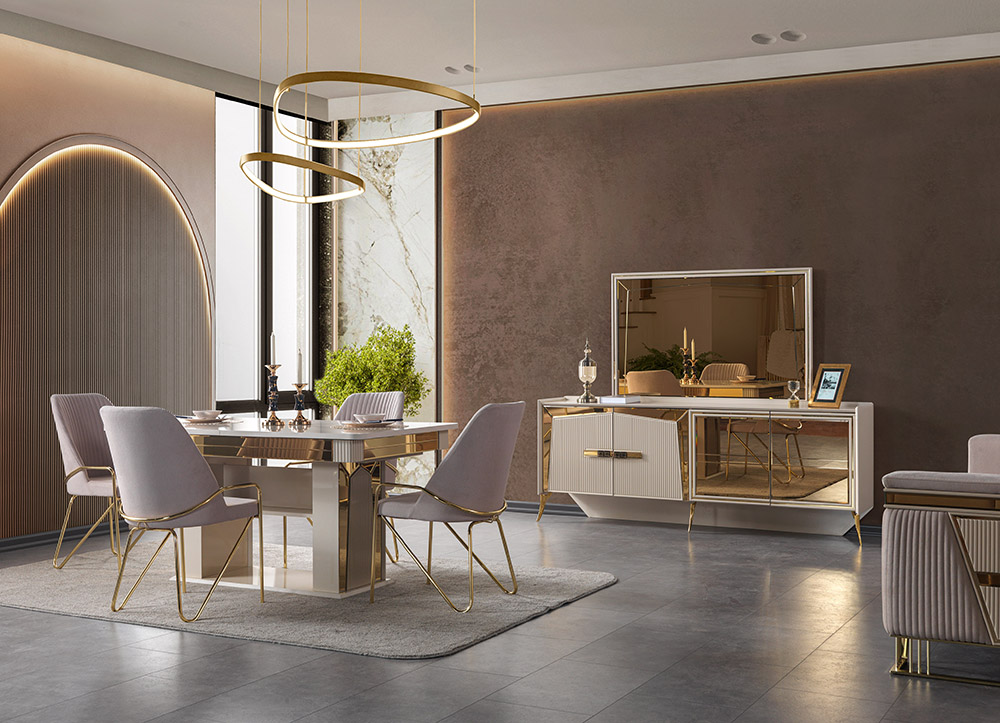 Luxurious dining room: glass-top table with lavender upholstered chairs and circular gold ring chandeliers.