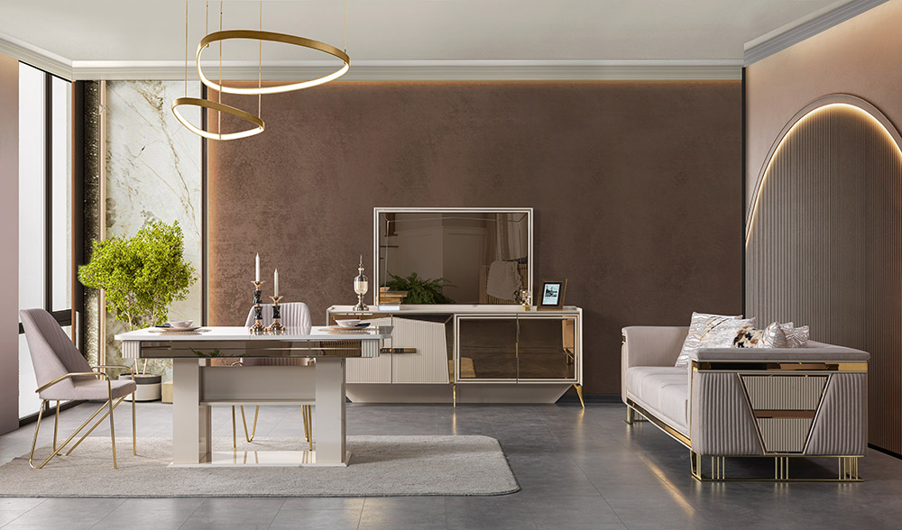 Luxurious modern dining and living room with a glass dining table, pale chairs, gold accents, and a velvet-brown feature wall behind a TV console and sofa set.