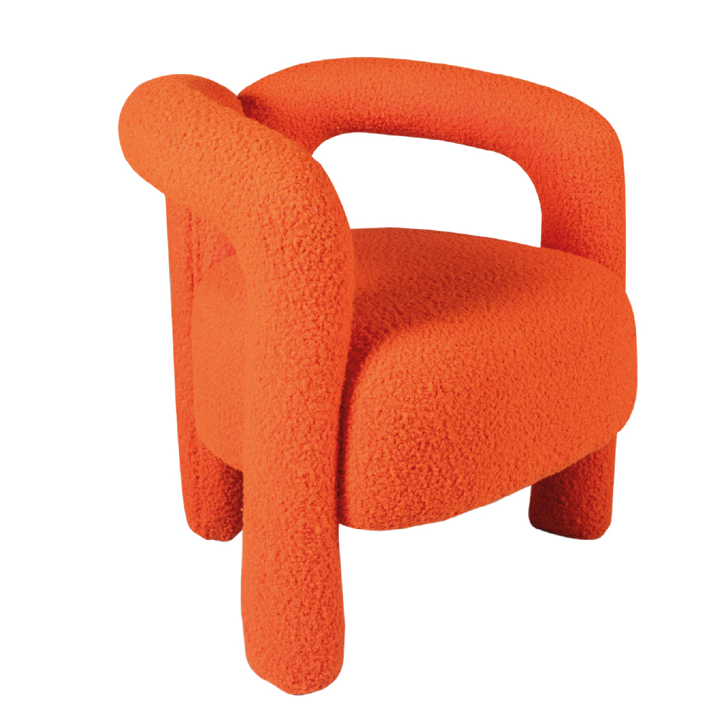 Bright orange textured armchair with rounded arms and short legs for a playful, modern look.