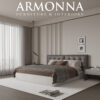 Oberon Bedroom Custom Production 1 Armonna Modern bedroom interior with a tufted gray headboard bed neutral linens and sheer curtains by large windows