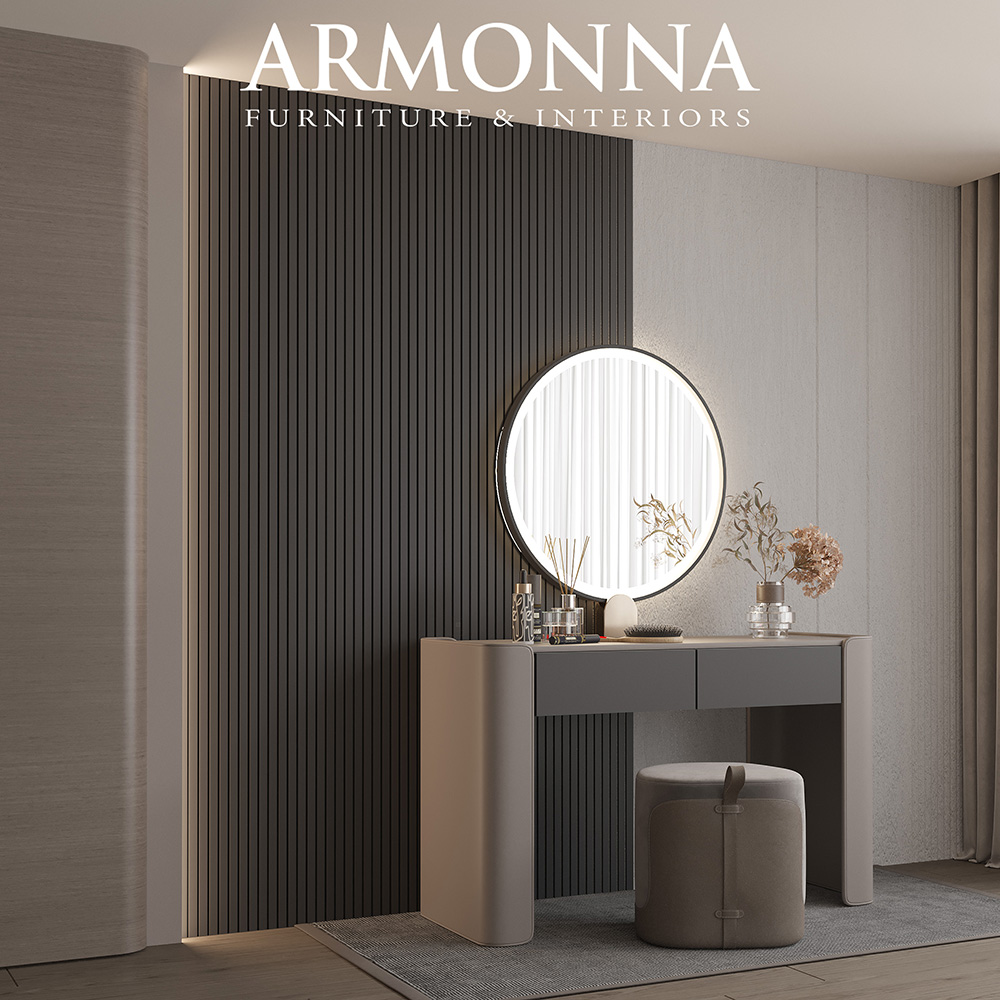 Oberon Bedroom Custom Production 2 Armonna Modern vanity setup circular backlit mirror above a gray desk with vertical black paneling beige stool and decorative bottles with dried flowers on top