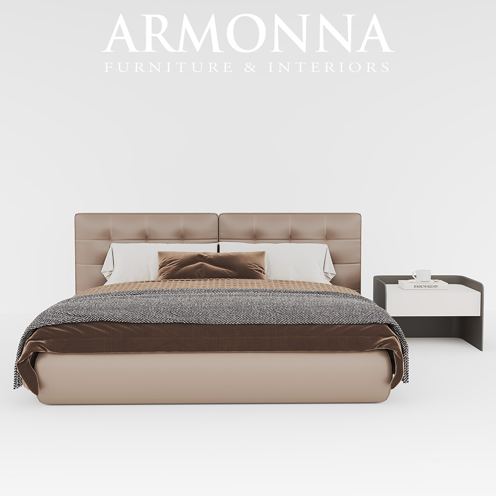 Oberon Bedroom Custom Production 4 Armonna Beige upholstered bed with a tall tufted headboard white pillows and a brown blanket draped over a herringbone throw a white and dark gray curved nightstand with a book and cup sits to the right