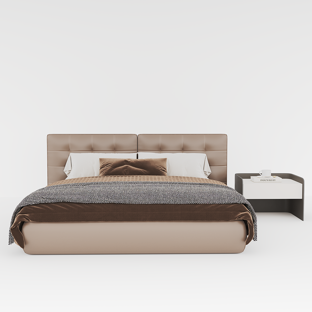 Beige upholstered bed with brown and white bedding; a nightstand to the right holds a cup and a book.