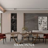 Modern dining room with a long wooden table six chairs and a marble wall with abstract art above a sideboard Large windows and a balcony to the left provide natural light