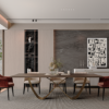 Modern dining room with a long wooden table six chairs beige rug and a marble dark wall behind a sideboard with abstract art