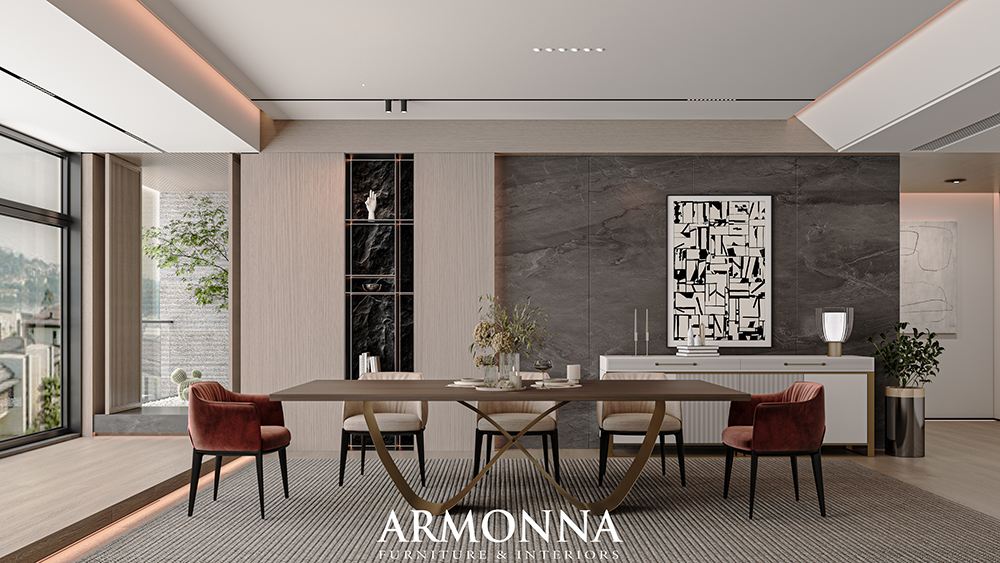Modern dining room with a long wooden table, six chairs, and a marble wall with abstract art above a sideboard. Large windows and a balcony to the left provide natural light.