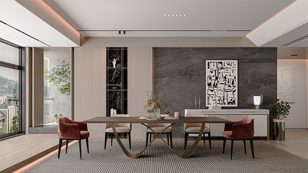 Modern dining room with a long wooden table, six chairs, beige rug, and a marble-dark wall behind a sideboard with abstract art.