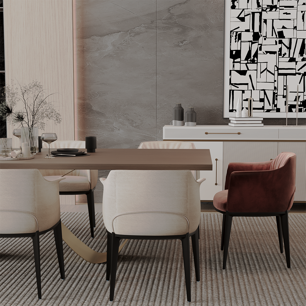 Modern dining room with a wooden table, beige chairs, and a single red upholstered chair against a gray stone wall and abstract art. It includes a sideboard with decor items in the background.