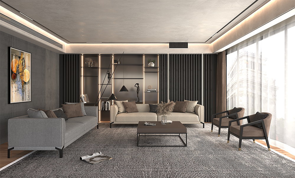 Modern living room with two neutral sofas, a black shelving wall, and a large coffee table under soft ambient lighting; floor-to-ceiling windows load the right side.