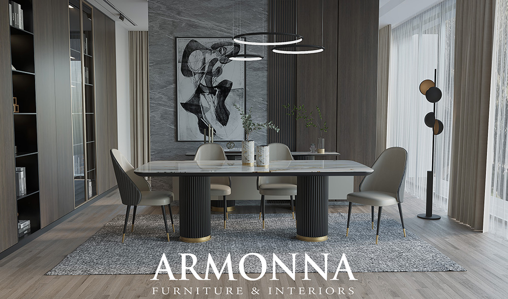 Modern dining room with a marble-top table, six beige upholstered chairs, circular pendant lights, and a gray textured rug.